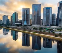 Skyline de São Paulo ao entardecer, com prédios corporativos refletidos no rio