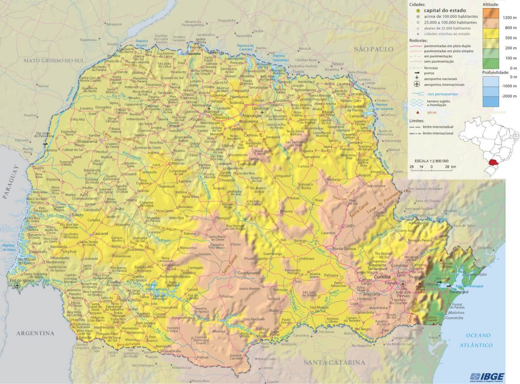 Mapa do Paraná com destaque para o Sudoeste