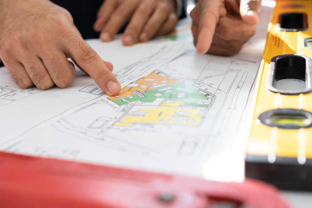 Engenheiros e técnicos analisando plantas de obra em ambiente urbano
