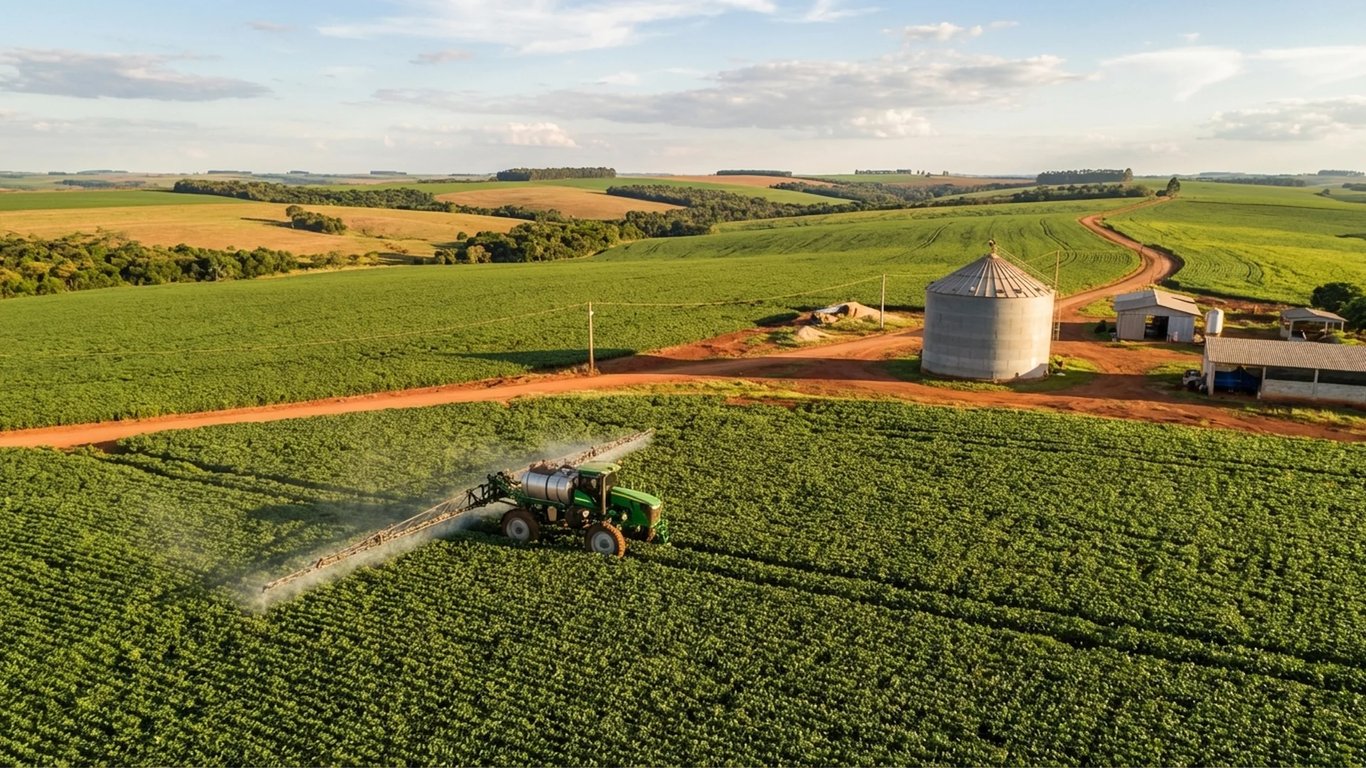 Paisagem rural com lavoura e maquinário agrícola em operação, céu aberto ao fundo