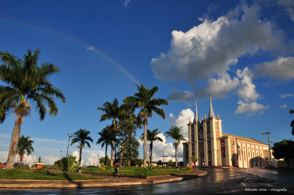 Vista urbana de Coração de Jesus MG com igreja e palmeiras ao fundo