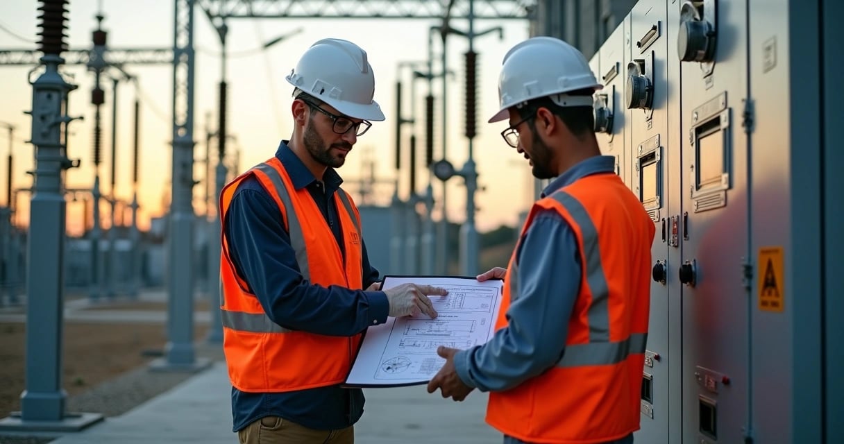 Engenheiros elétricos em subestação de energia, em contexto urbano