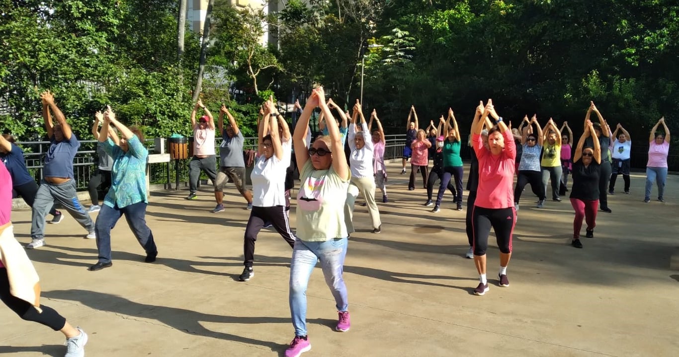 Grupo de pessoas praticando exercícios ao ar livre, em atividade orientada