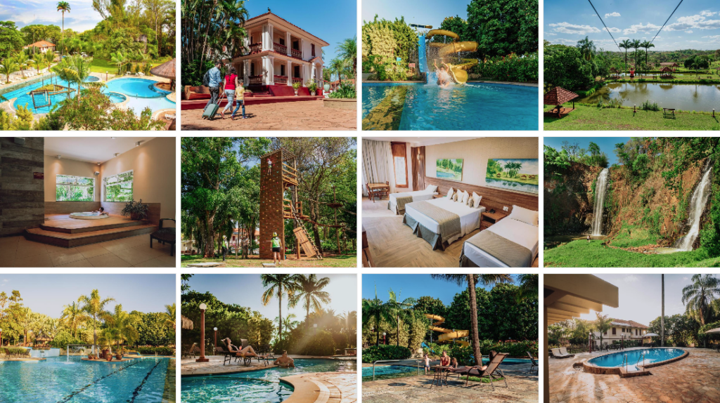 Mosaico de imagens de complexo de lazer com piscinas termais, áreas verdes e atividades de recreação em Vicente Dutra (ilustrativo)