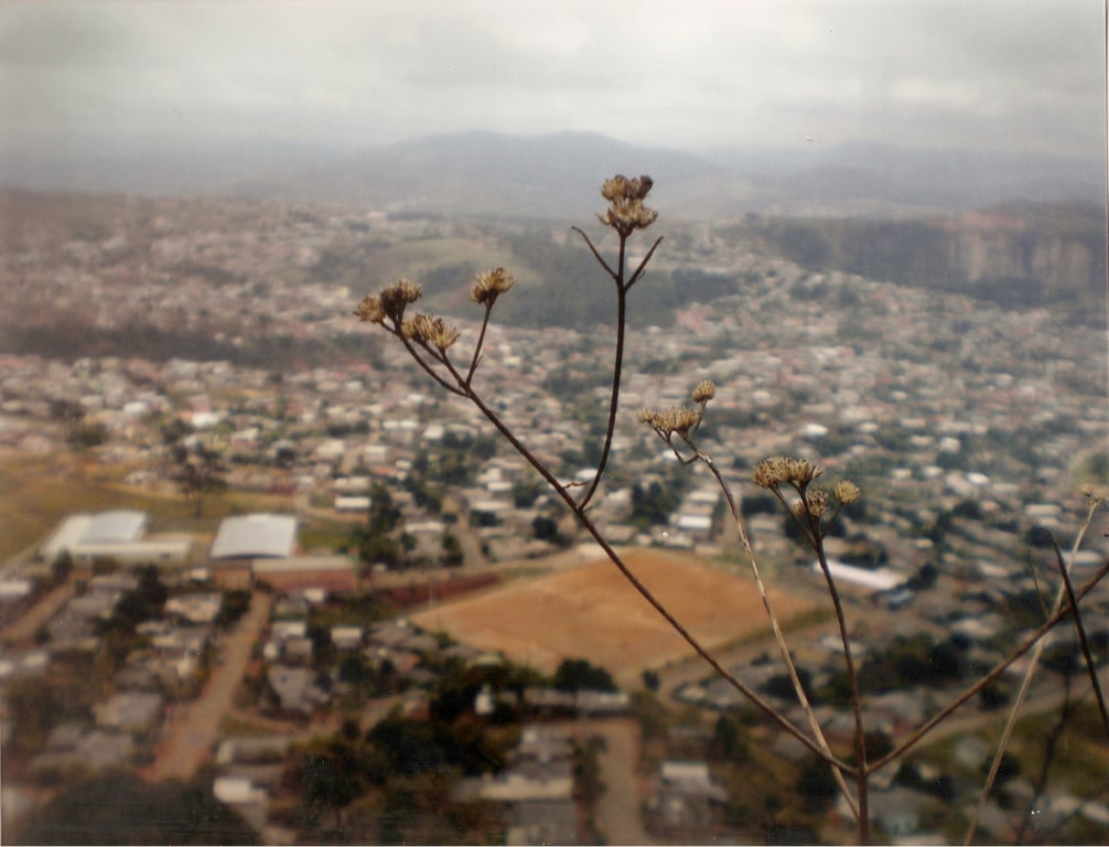 Vista aérea de João Monlevade, com relevo ondulado e malha urbana ao fundo
