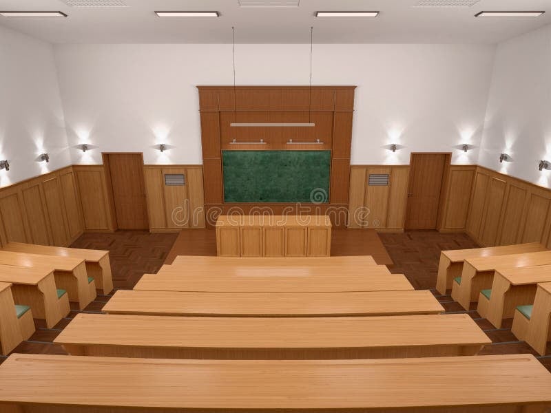 Sala de aula moderna com projetor e carteiras vazias