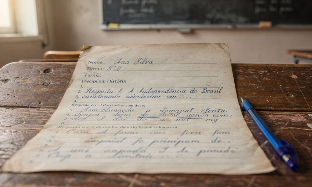 Caderno de provas e caneta em sala de aplicação