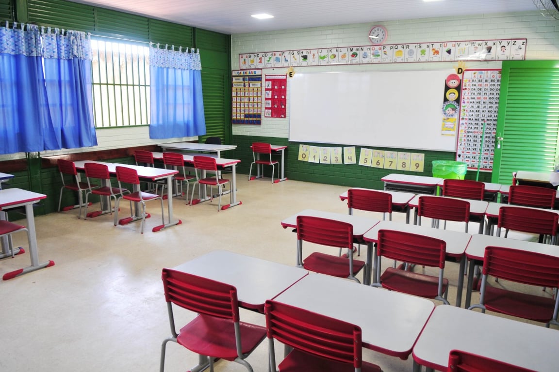 Sala de aula de escola pública municipal, com carteiras e materiais; imagem ilustrativa dos cargos na Educação