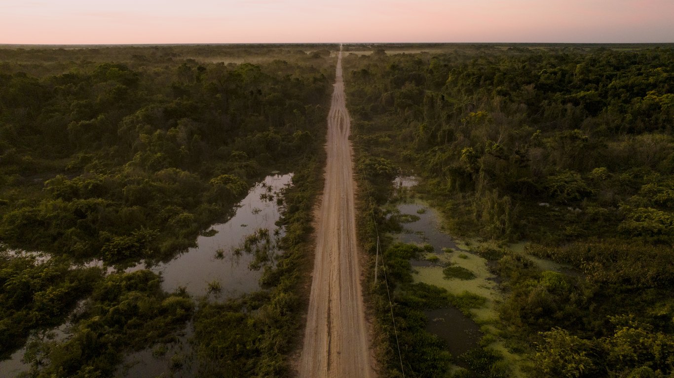 Estrada em área úmida costeira ao entardecer, representando o ambiente de atuação de brigadistas