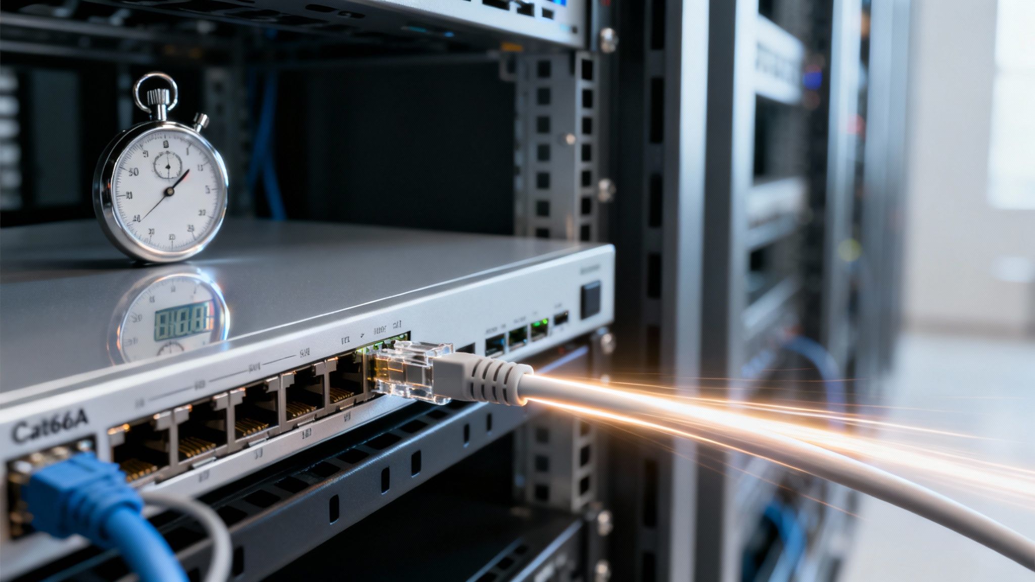 Servidor em data center com cabos de fibra óptica e cronômetro ao lado do equipamento.