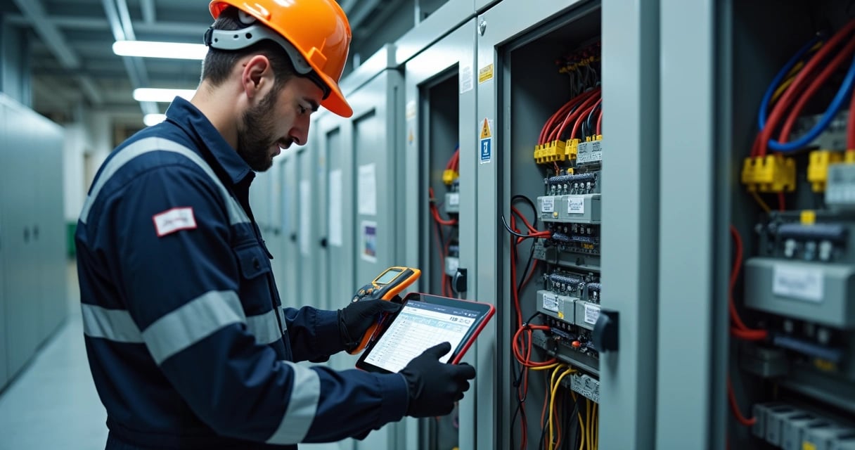 Técnico inspecionando painéis elétricos em ambiente clínico