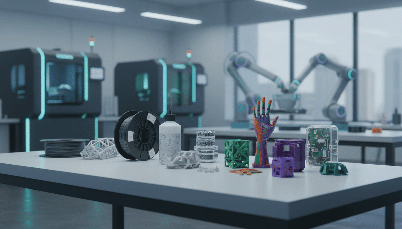 Ambiente de laboratório com equipamentos de fabricação digital e objetos poliméricos, simulando um espaço de P&D em engenharia