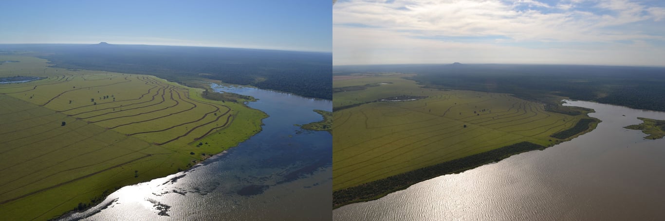 Paisagem do Pontal do Paranapanema ao amanhecer, com curso d’água e áreas verdes