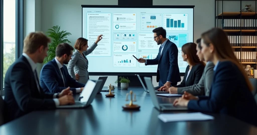 Equipe em reunião com análise de documentos jurídicos sobre a mesa