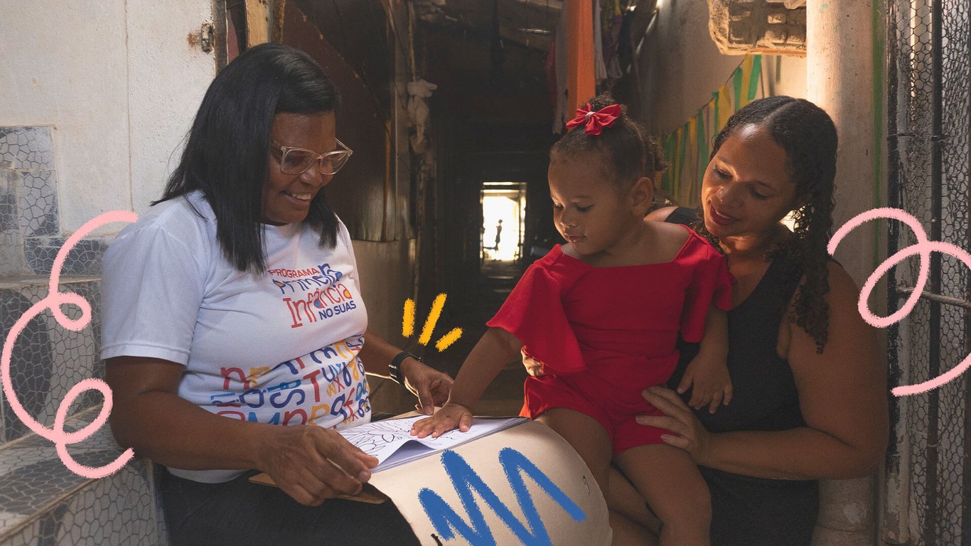 Ilustração de visita domiciliar com foco no desenvolvimento infantil