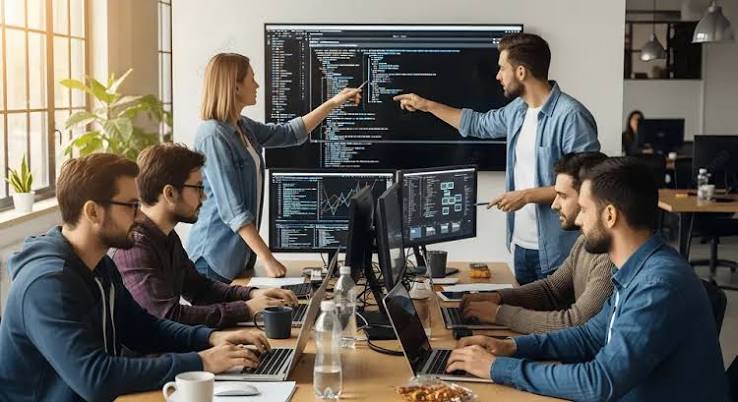 Ambiente de trabalho com desenvolvedores diante de telas com código, em escritório de tecnologia