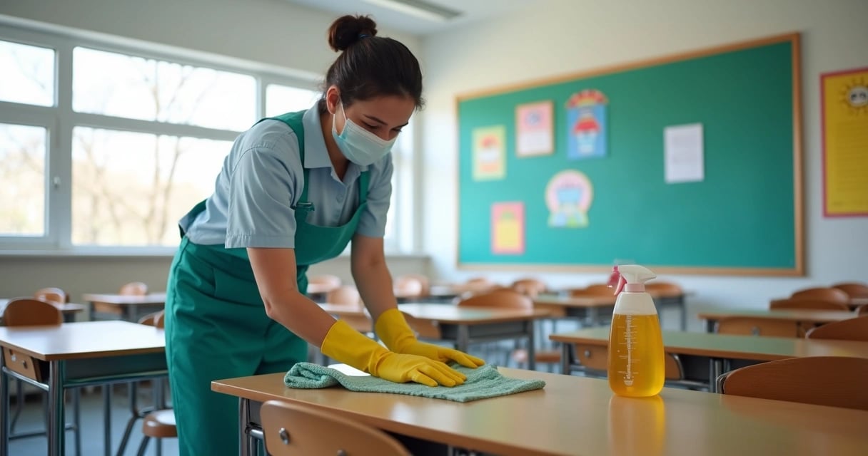Profissional realiza limpeza em sala de aula de escola pública