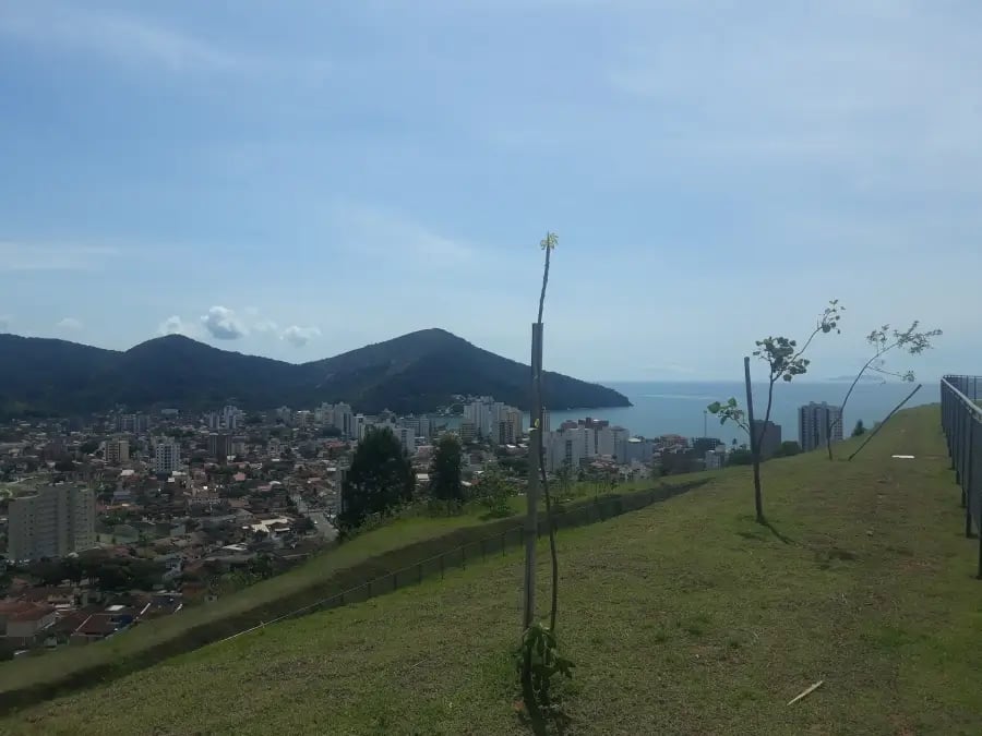 Vista aérea de Caraguatatuba mostrando a cidade e a praia com montanhas verdes ao fundo.