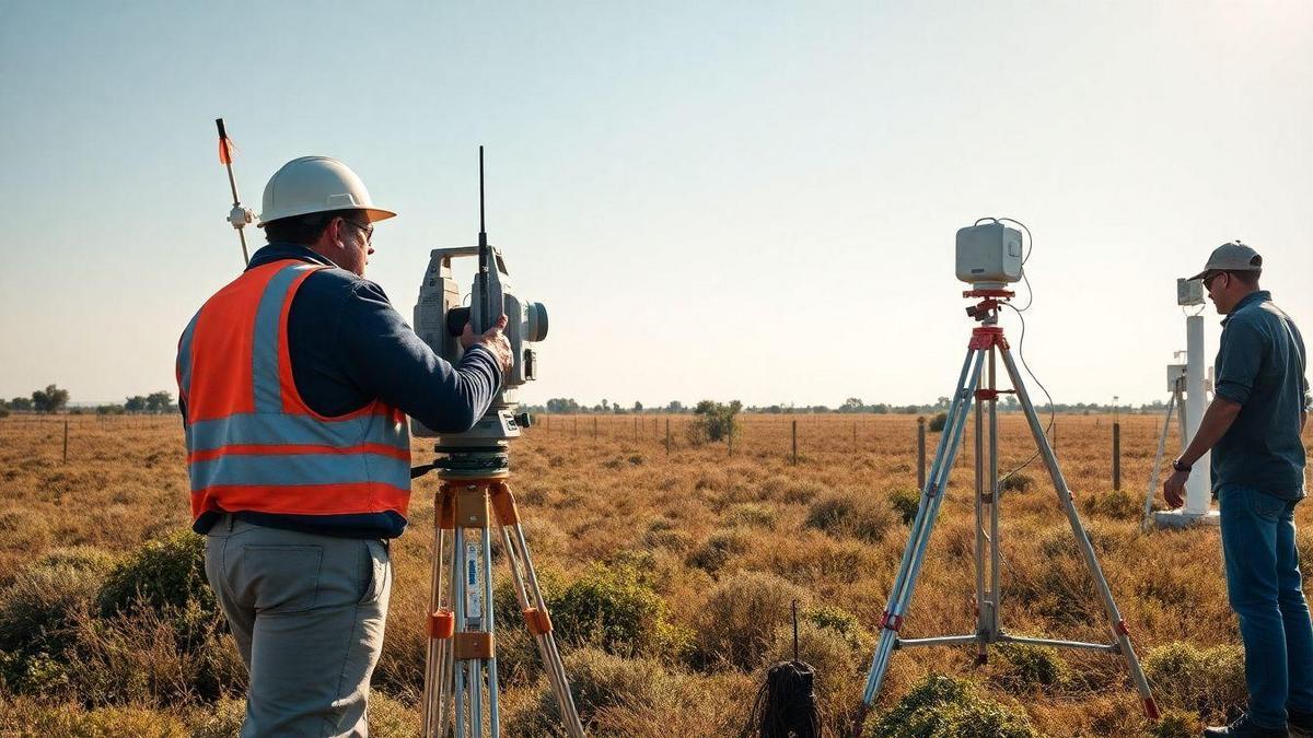 Profissionais de topografia utilizam estação total em campo