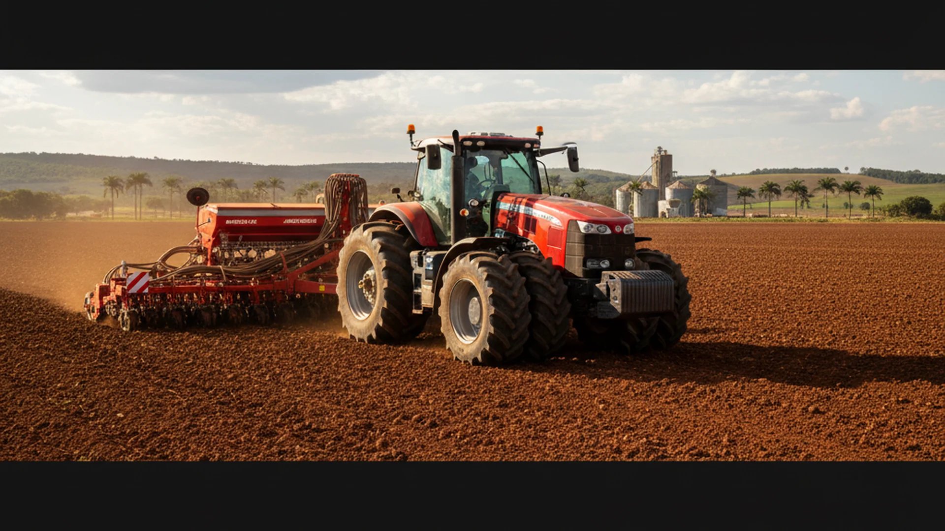 Trator agrícola em lavoura no pôr do sol