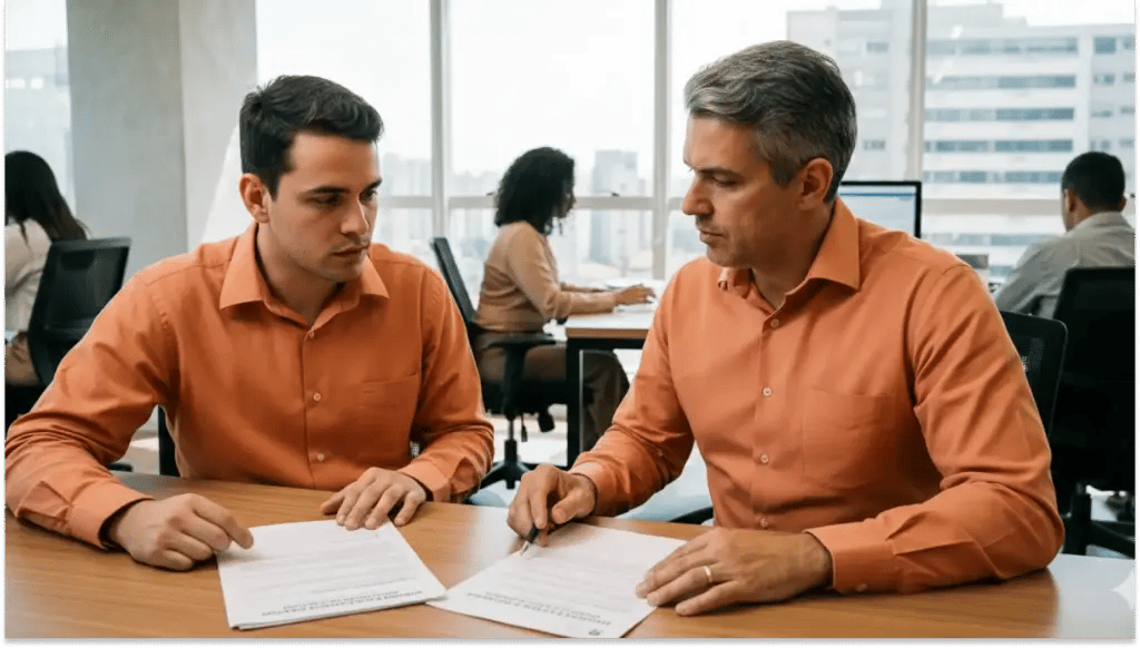 Equipe de RH em escritório moderno analisando documentos e dados; diversidade em foco