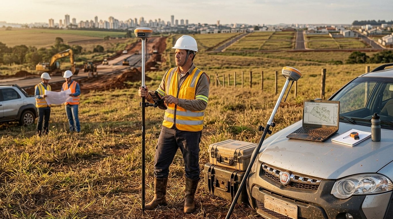 Profissional de topografia em campo