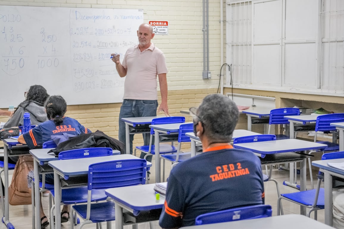 Adultos em sala de aula, ambiente noturno, professor mediando o estudo