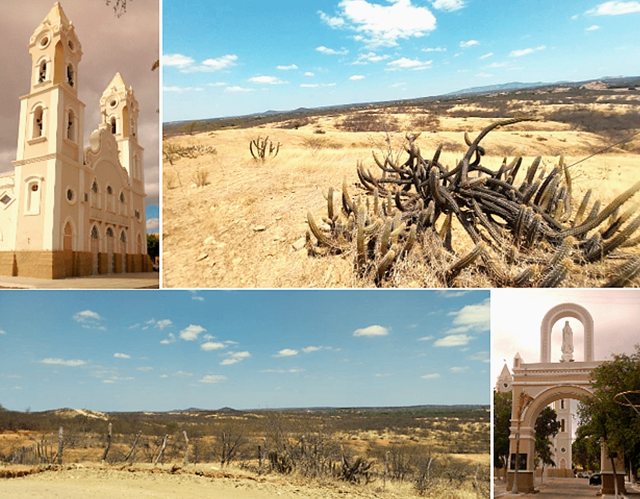 Paisagem da caatinga no Seridó Potiguar, com serras ao fundo e céu limpo
