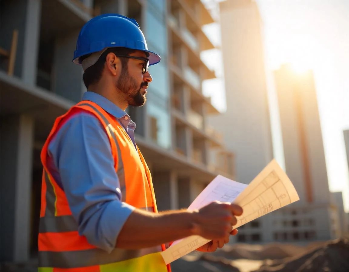Profissional analisando plantas de engenharia em ambiente de obra pública