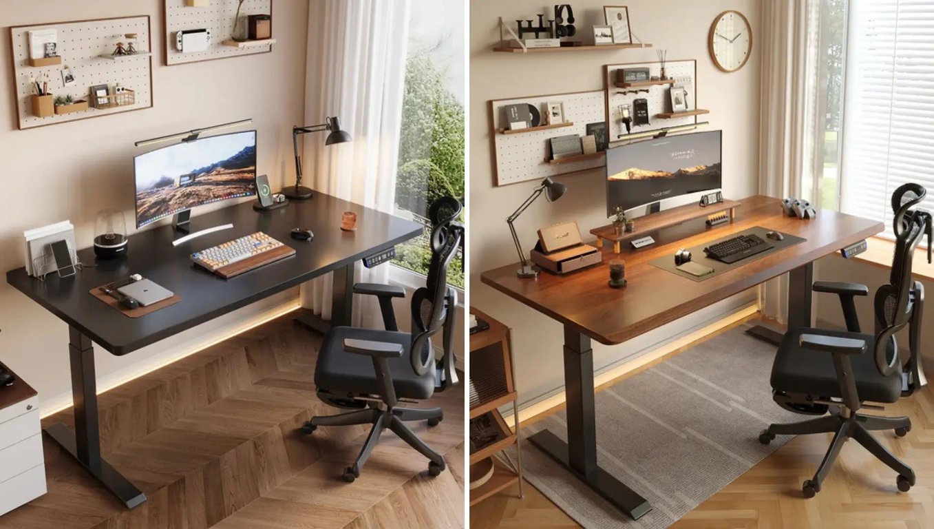 Ambiente de escritório moderno com computadores e mesas organizadas