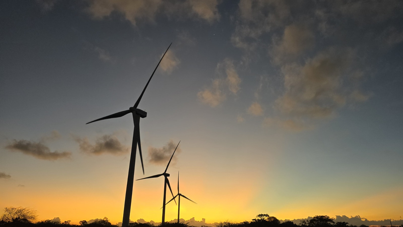 Parques eólicos no interior do RN ao pôr do sol