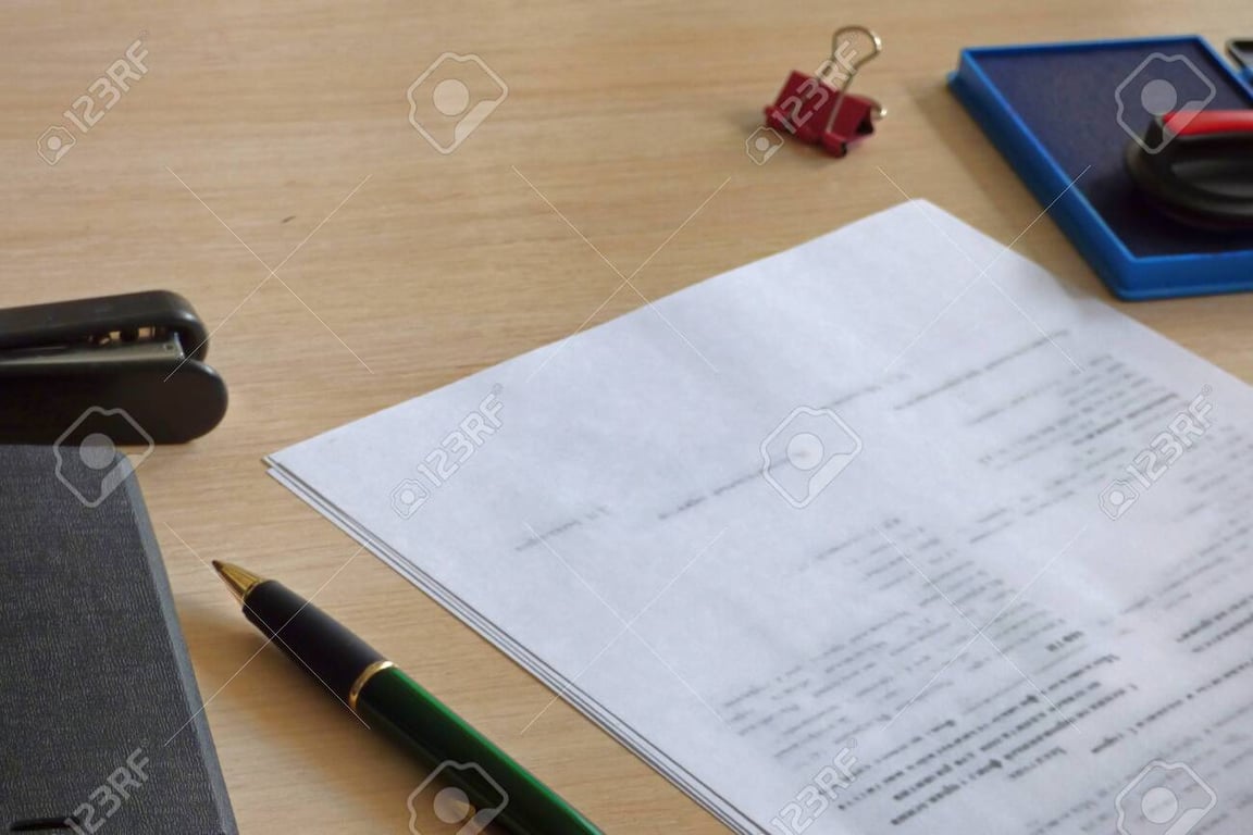 Mesa administrativa com carimbo, formulário e notebook