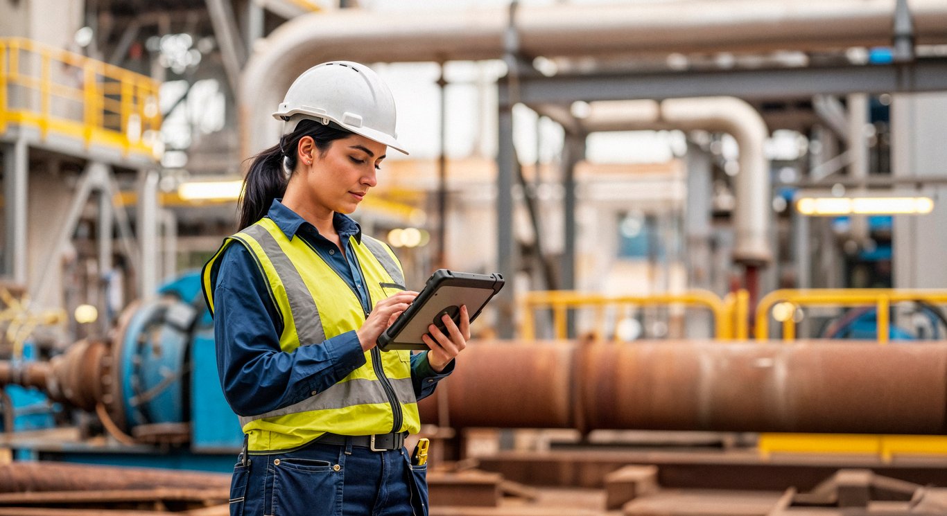 Técnica industrial inspecionando equipamentos com EPI em planta