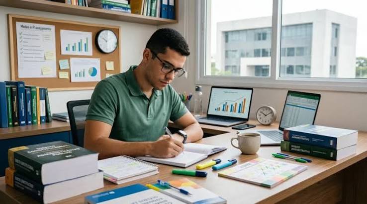 Mesa de estudos com livros e materiais de escrita, representando preparação para concurso