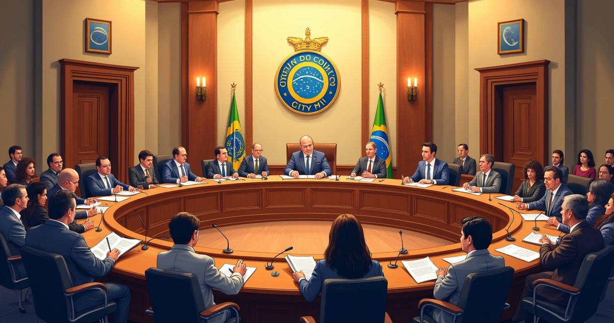Plenário de câmara municipal brasileira, com mesa oval e bandeiras ao fundo