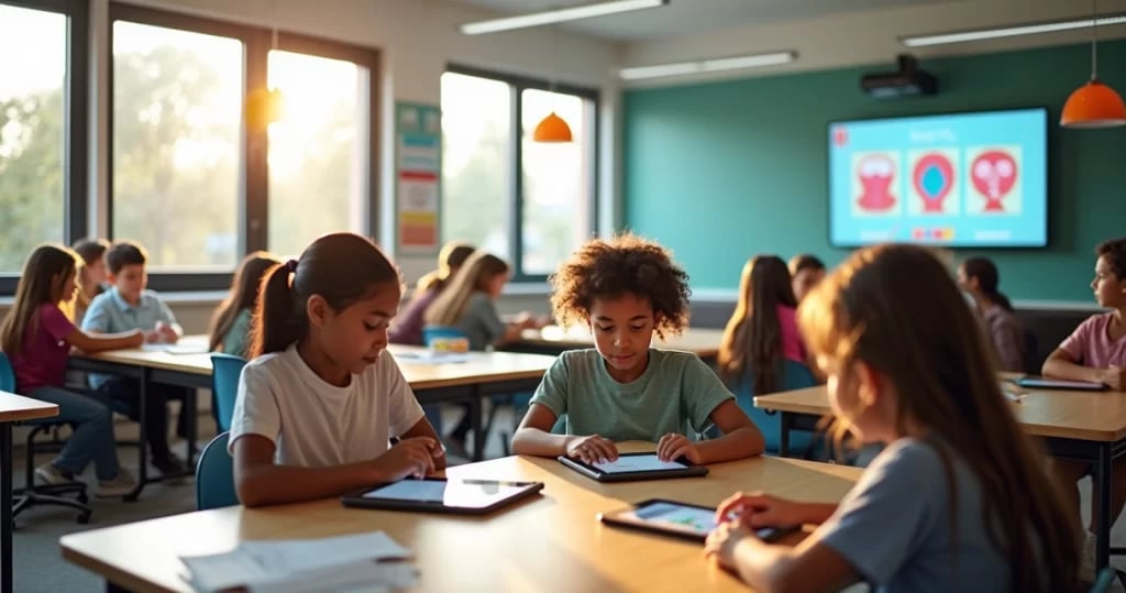 Sala de aula universitária moderna com professor e estudantes