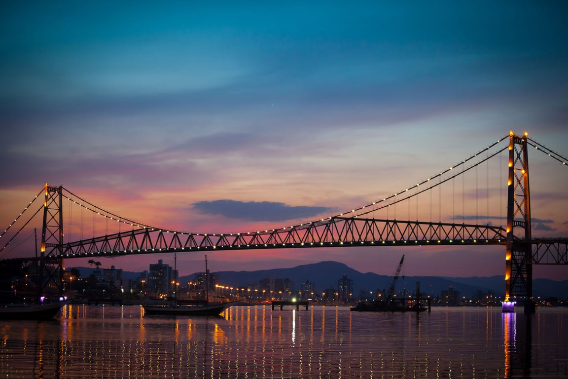 Ponte Hercílio Luz ao pôr do sol, ícone de Florianópolis