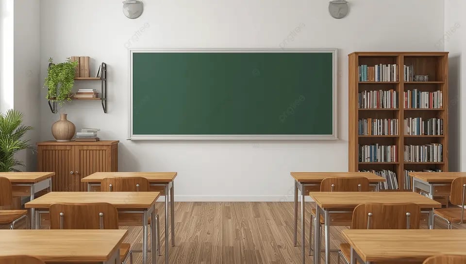 Sala de aula do ensino fundamental, com carteiras, lousa e materiais didáticos organizados; foto horizontal e ilustrativa