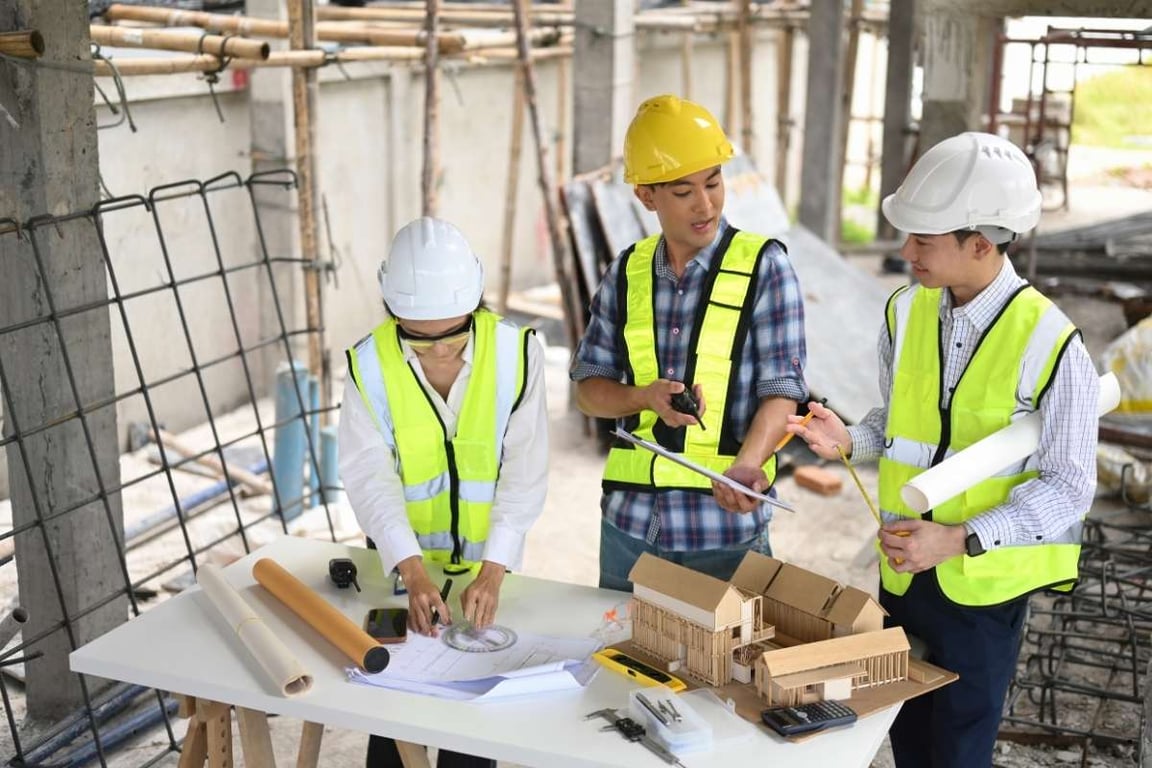 Profissionais de engenharia em inspeção de obra urbana, com capacetes e pranchetas