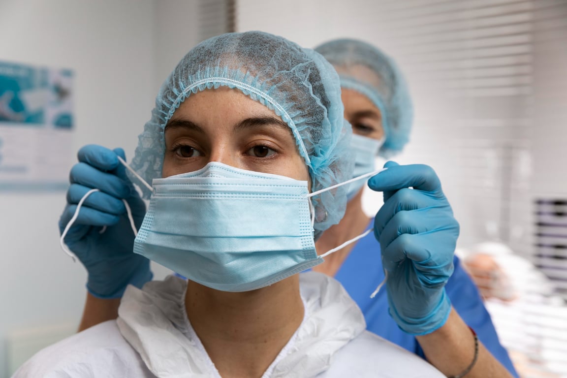 Equipe de profissionais de saúde em hospital público, com jalecos e EPI
