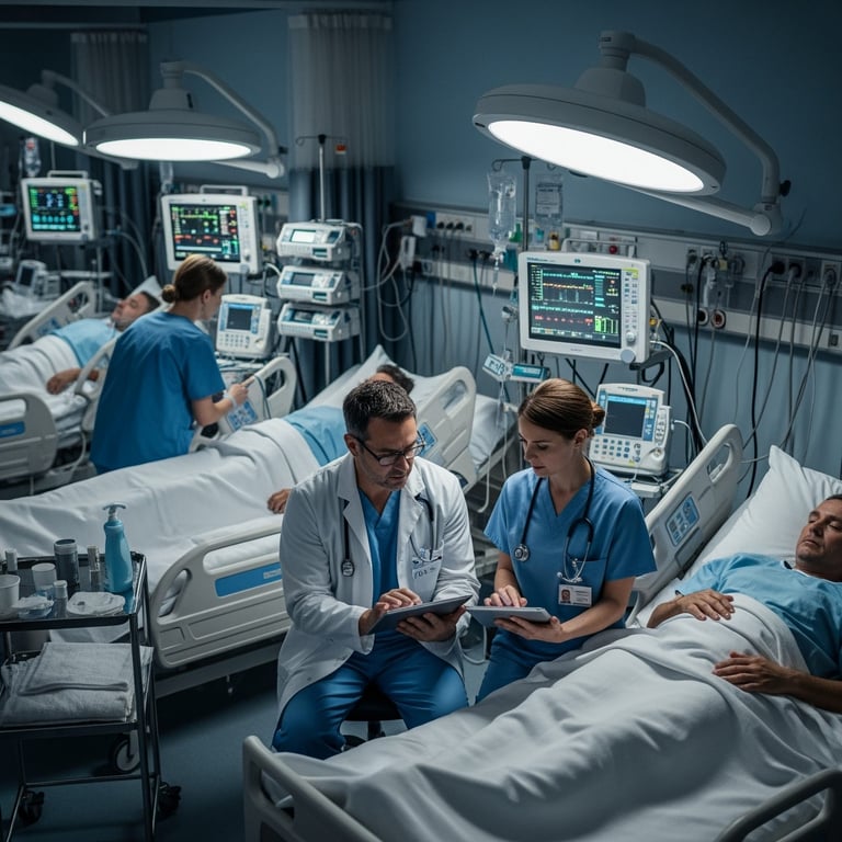 Equipe hospitalar em reunião acompanhando indicadores de qualidade e segurança