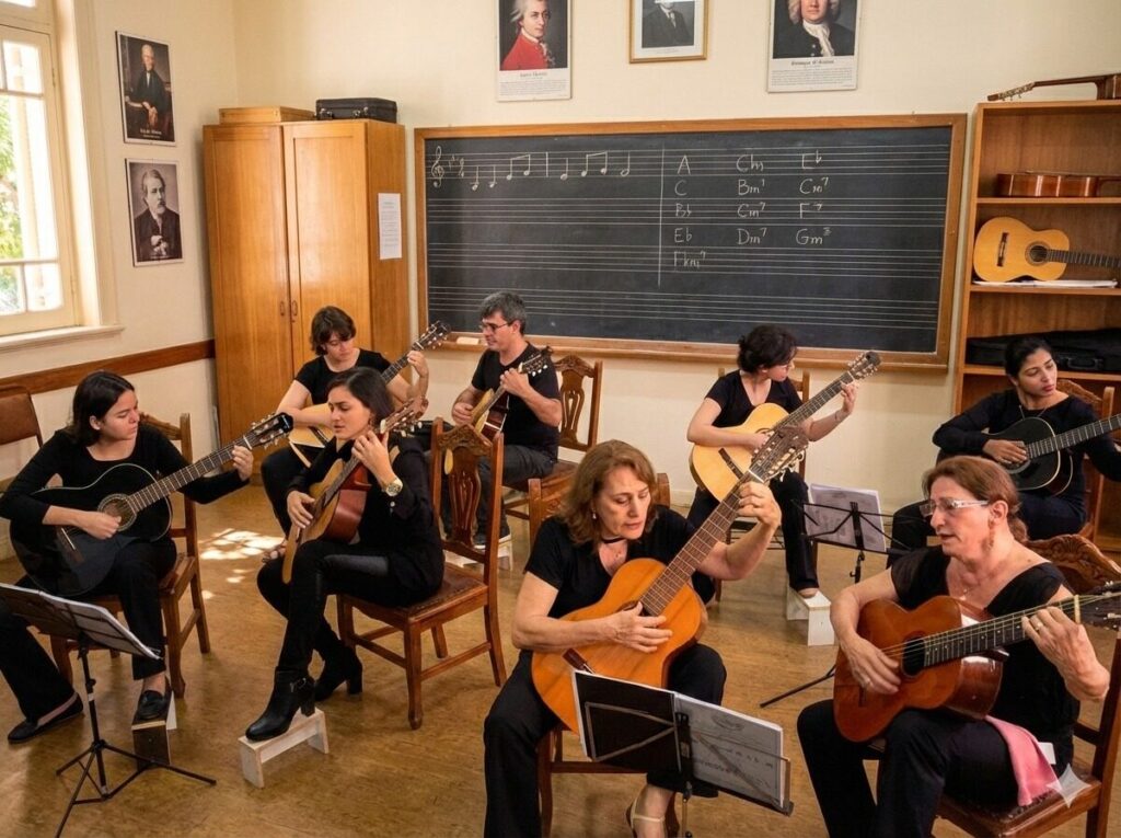 Aula de música em ambiente educacional, com alunos tocando instrumentos de corda