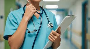 Profissional de saúde em corredor hospitalar, vestindo jaleco e estetoscópio, segurando prancheta