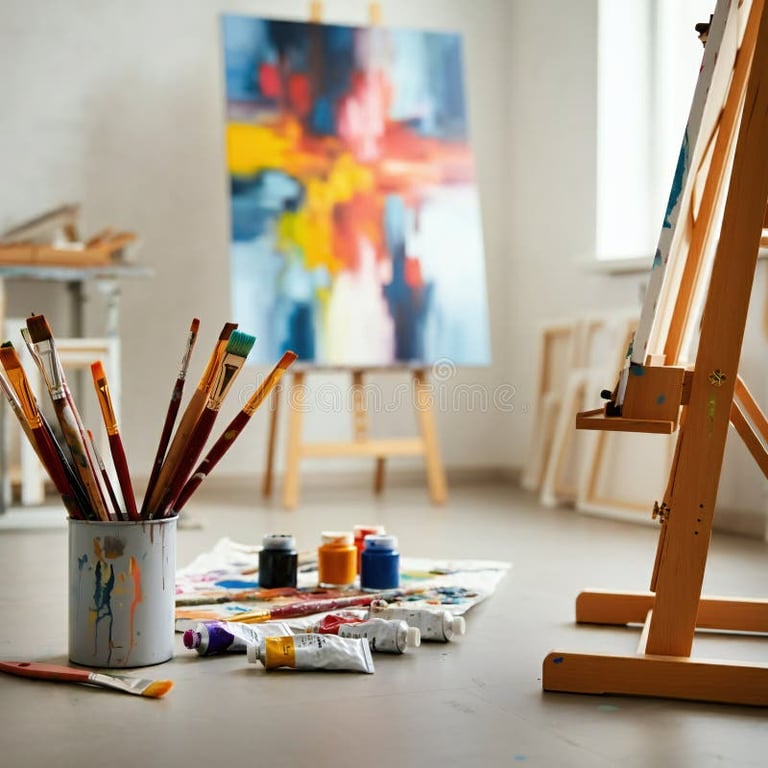 Ateliê de artes com pincéis e tintas, em ambiente criativo