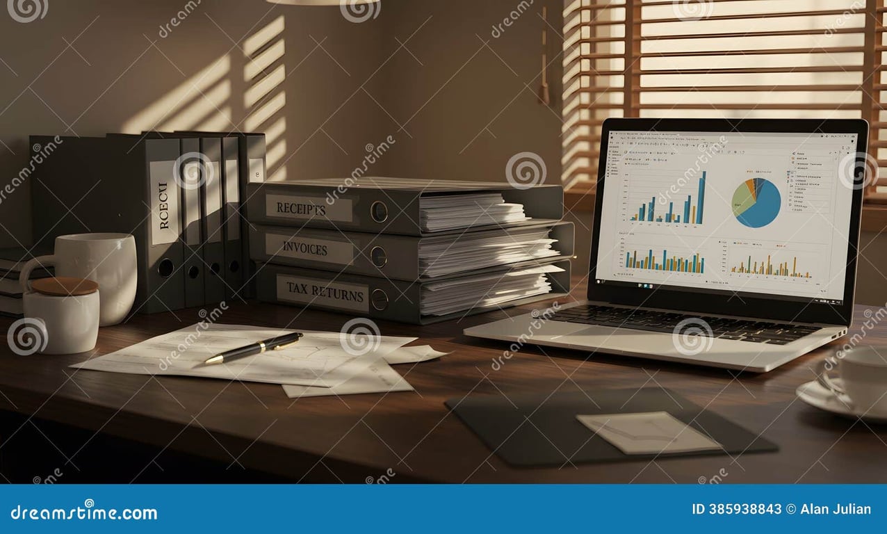 Mesa de contabilidade com laptop exibindo gráficos, documentos organizados e canecas, em ambiente bem iluminado.