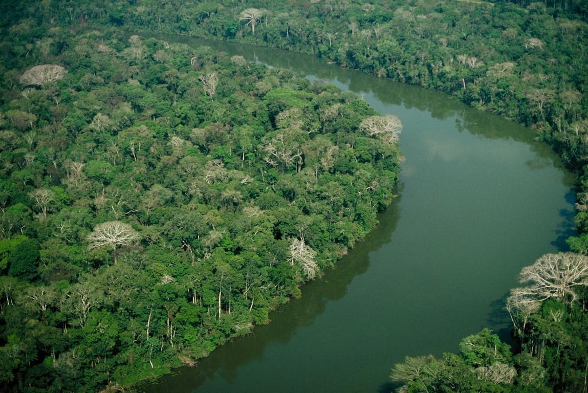 Paisagem aérea do Rio Juruá, no Amazonas, Brasil, com densa floresta tropical e o rio sinuoso.