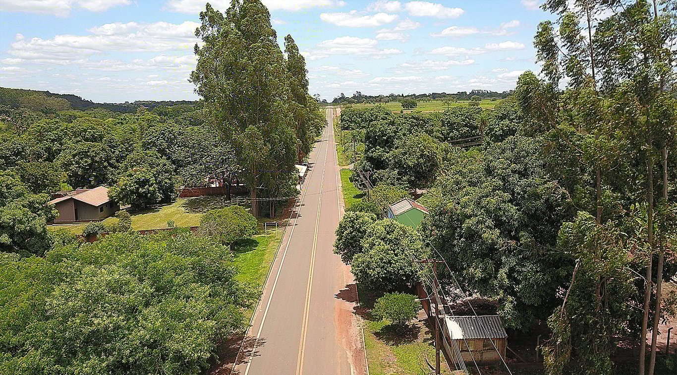 Estrada rural cercada por árvores em Jaraguari MS