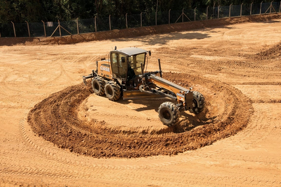 Operação de motoniveladora em via de terra, ilustrando os serviços de infraestrutura urbana e rural