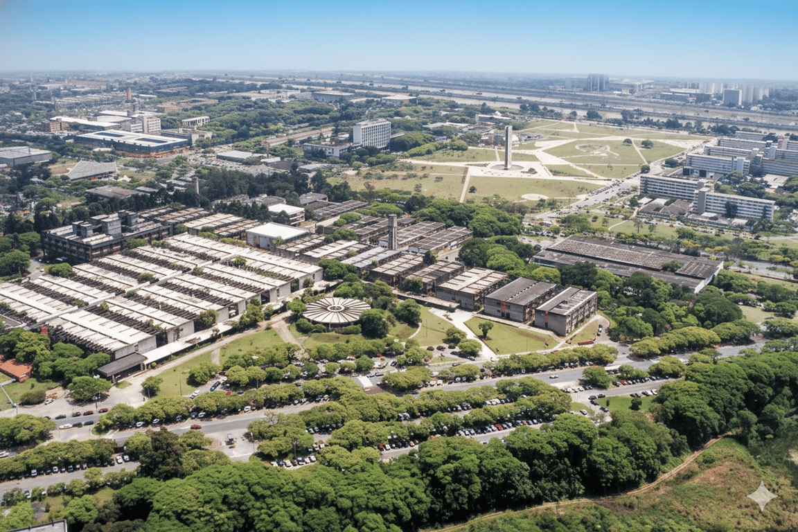 Vista aérea da Cidade Universitária da USP, com prédios acadêmicos e áreas verdes ao entardecer