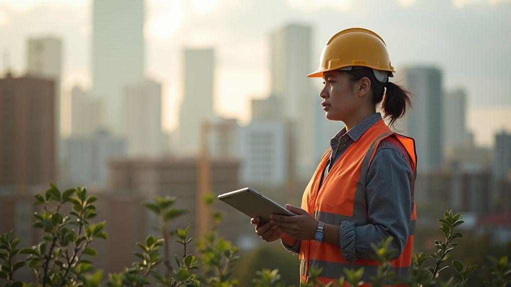 Engenheira em canteiro de obras analisando informações técnicas, com cidade ao fundo